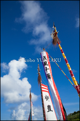 黒島の豊年祭　会場の宮里海岸に立つ旗頭　2007年8月5日